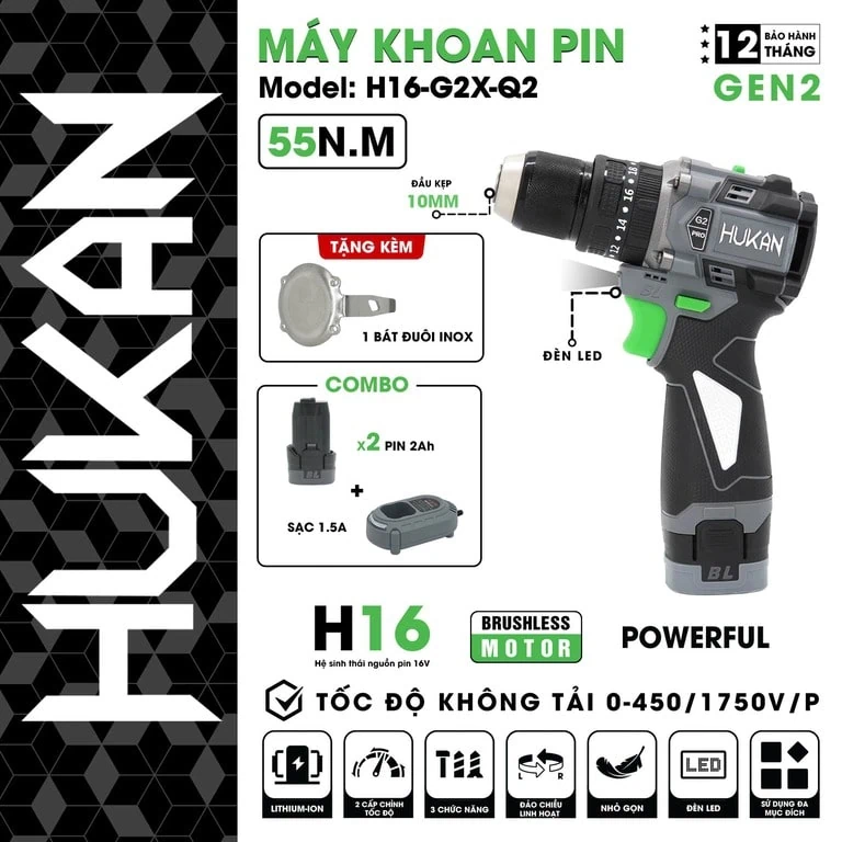 MÁY KHOAN PIN 10MM (CÓ KHÓA TRỤC) GEN 2 H16-G2C-Q2, H16-G2X-Q2 MÁY KHOAN PIN 10MM (CÓ KHÓA TRỤC) GEN 2 H16-G2C-Q2, H16-G2X-Q2