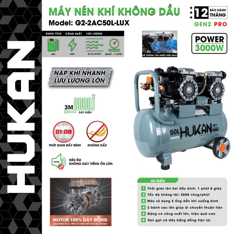 MÁY NÉN KHÍ KHÔNG DẦU (GEN2 PRO) G2-2AC50L-LUX - 2 MÁY NÉN KHÍ KHÔNG DẦU (GEN2 PRO) G2-2AC50L-LUX - 2